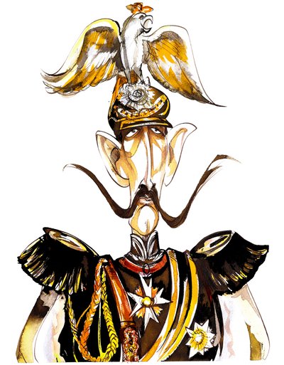 William II, Emperor of Germany; King of Prussia (1859-1941); color caricature with eagle helmet by Neale Osborne